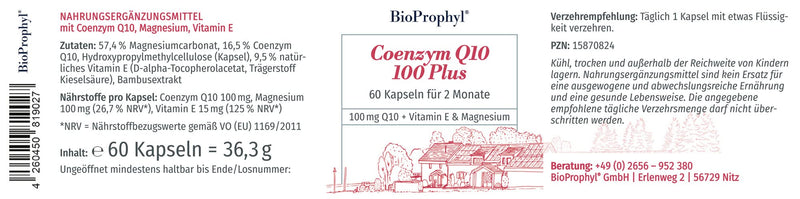 BioProphyl® Coenzyme Q10 100 plus - 100 mg pure Q10 from fermentative production with vitamin E - 60 vegetarian capsules for 2 months 60 pieces (pack of 1) - NewNest Australia