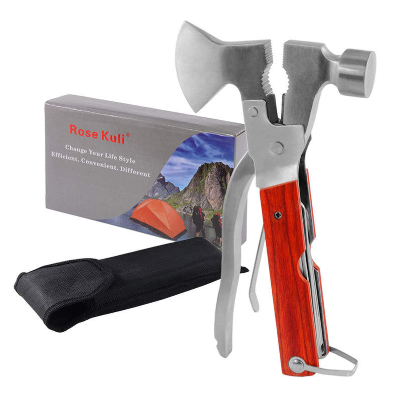 Rose Kuli 7'' Portable Multipurpose Multitool Multifunctional Pocket Mini Tools with Axe Hammer Plier Set Wooden Handle for Camping Accessories Hiking Outdoor Survival Gear Kit, Gift for Men Dad Axe-1 - NewNest Australia