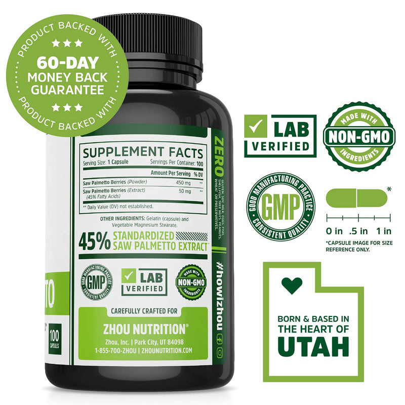 Zhou Saw Palmetto 500 mg | For Prostate Health | Healthy Urination Frequency & Flow | 100 Capsules - NewNest Australia