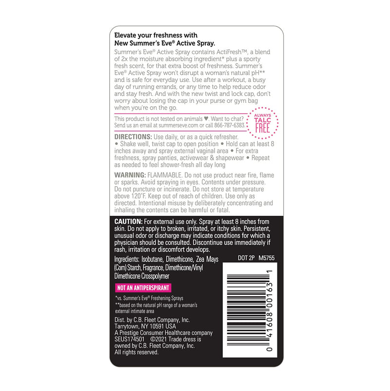 Summer's Eve Active Freshening Spray, Absorbs Moisture, 2 oz 2 Ounce (Pack of 1) - NewNest Australia