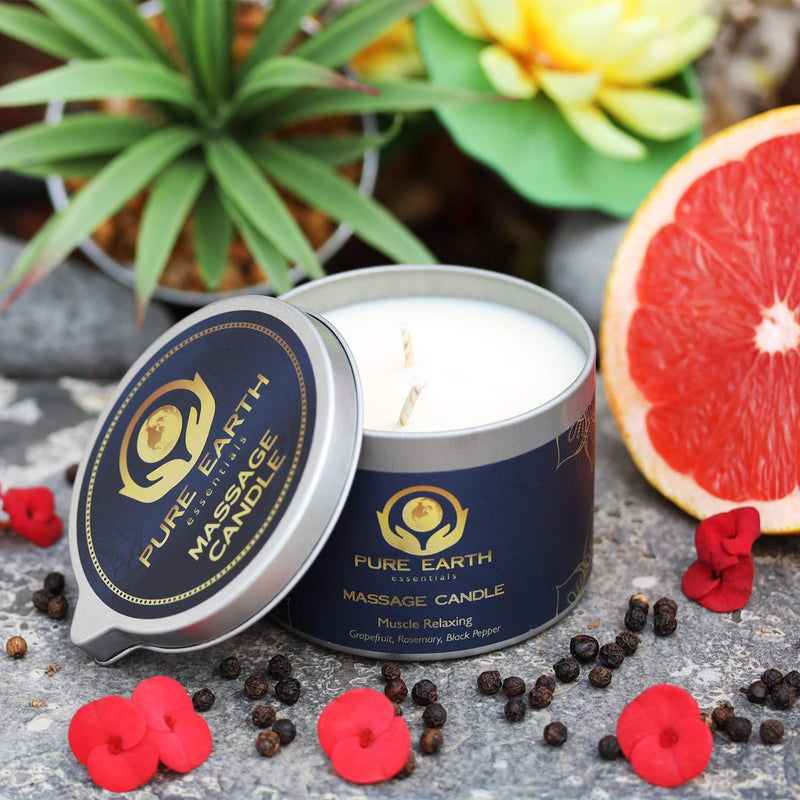 Muscle Relaxing Massage Oil Candle - Moisturizing Vegan Massage Candles for Couples and Home Spa (160 Grams) - Massage Candle with Grapefruit, Rosemary, Black Pepper - by Pure Earth Essentials Muscle relaxing - NewNest Australia