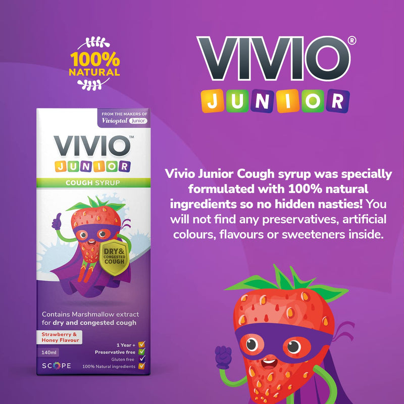 VIVIO Junior Cough Syrup - A Strawberry and Honey Flavour Preservative Free and Natural Cough Syrup for Dry and Congested Coughs in Children Aged 1 Year and Over - 140 ml - NewNest Australia