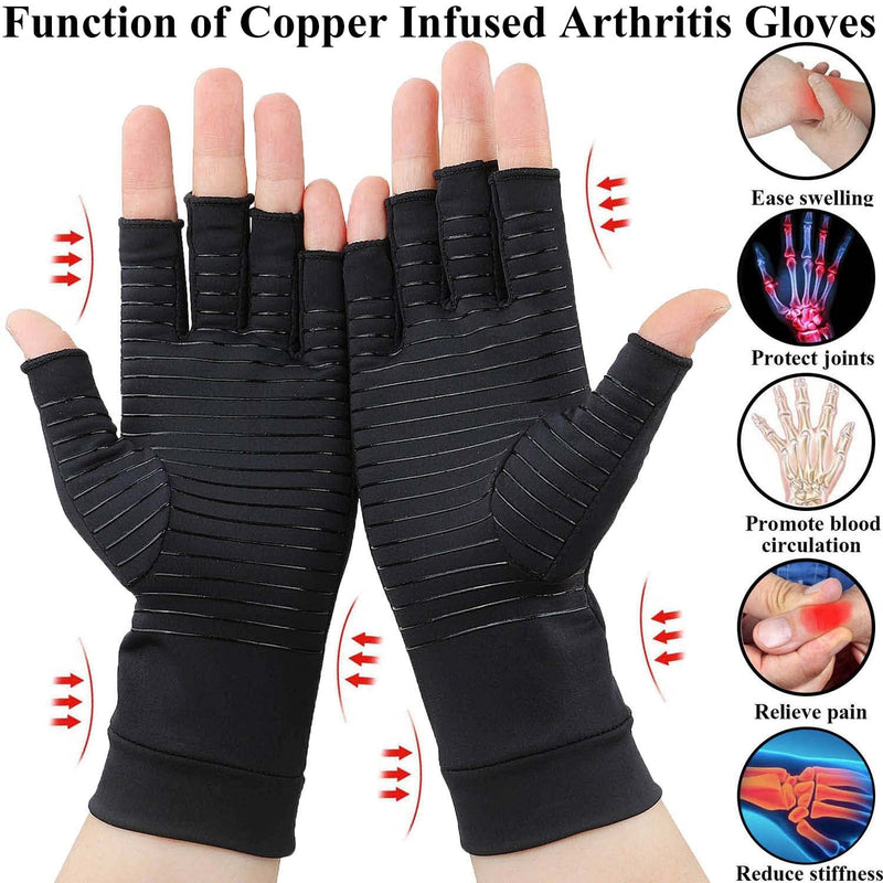 2 Pairs Compression Gloves for Women and Men – Copper Arthritis Gloves for Rheumatoid Arthritis Osteoarthritis Carpal Tunnel – Hand Pain Relief and Support – Open Finger Black Small (2 Pair) - NewNest Australia