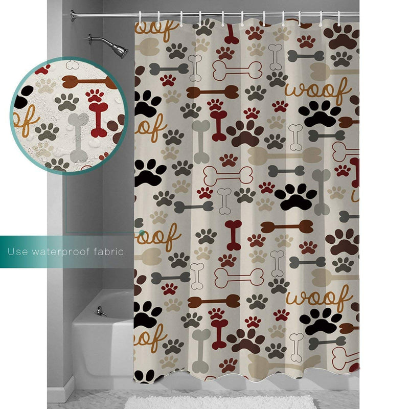 CHARMHOME Dog Paws Shower Curtains with Bones Pattern Print Waterproof Polyester Fabric Bathroom Curtain Decor Include 12 Hooks, 72x72 Inches - NewNest Australia