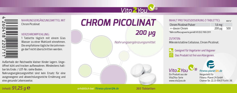 Vita2You Chromium Picolinate 200µg - 365 tablets - high dosage - annual pack - premium quality - NewNest Australia