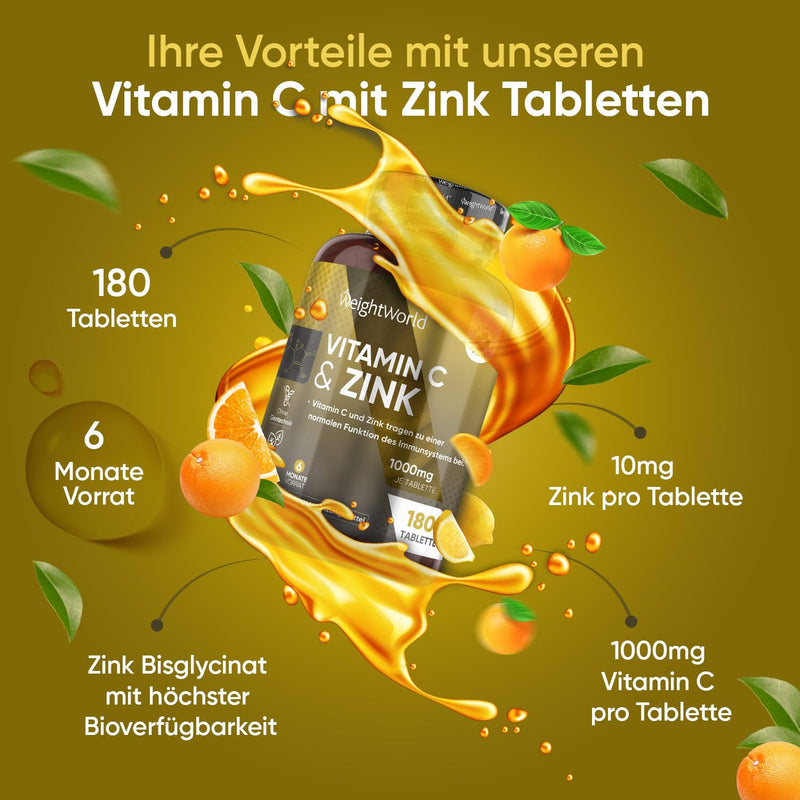 Vitamin C with Zinc Tablets - 1000mg - 6 Month Supply - For Immune System, Energy, Bones, Skin & Metabolism (EFSA) - 180 Vegan Tablets - Alternative to Capsules & Powder - Vit C from WeightWorld Vitamin C with Zinc - NewNest Australia