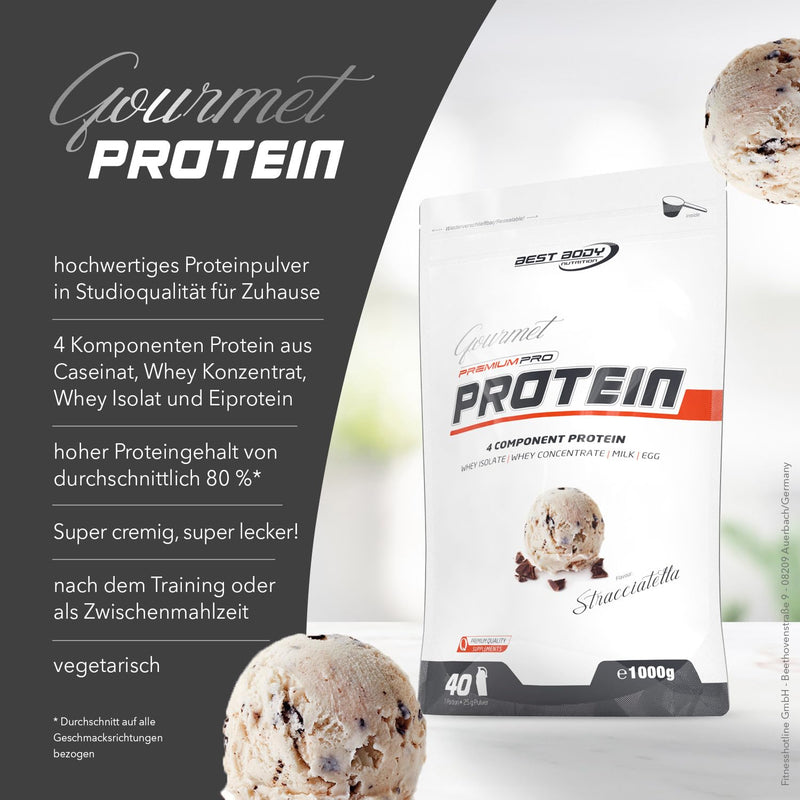 Best Body Nutrition Gourmet Premium Pro Protein, Stracciatella, 4 Component Protein Shake: Caseinate, Whey Concentrate, Whey Isolate, Egg Protein, 1 Kg Zip Bag - NewNest Australia