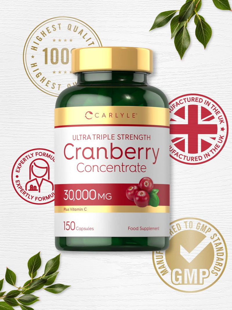 Triple Strength Cranberry 30,000mg Plus Vitamin C | 150 Capsules | High Strength Daily Supplement | Fast Acting | UTI Support for Men & Women | No Artificial Preservatives | by Carlyle - NewNest Australia