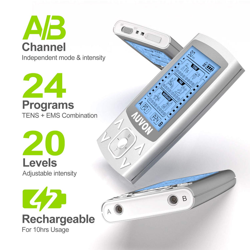 AUVON Dual Channel TENS EMS Unit 24 Modes Muscle Stimulator for Pain Relief, Rechargeable TENS Machine Massager with 12 Pads, ABS Pads Holder, USB Charger and Dust-Proof Storage Bag - NewNest Australia