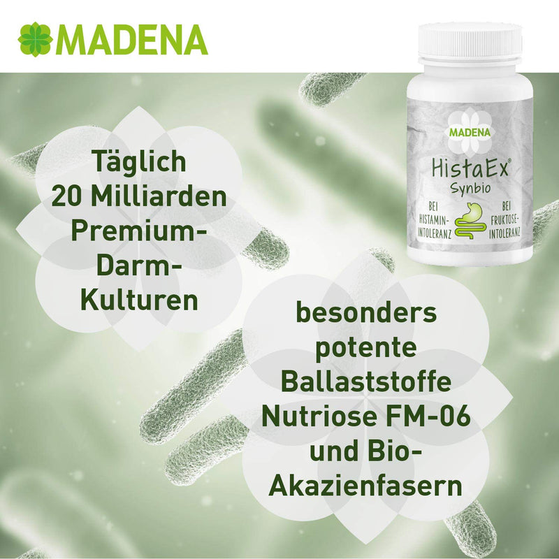Madena Histaex Synbio - Lactic Acid Bacteria And Bifidobacteriate For Histamine Intolerance And Fructo Intolerance - 60 Capsules + 2 Soluble Fiber - Daily Dose Of 20 Billion Germs - NewNest Australia