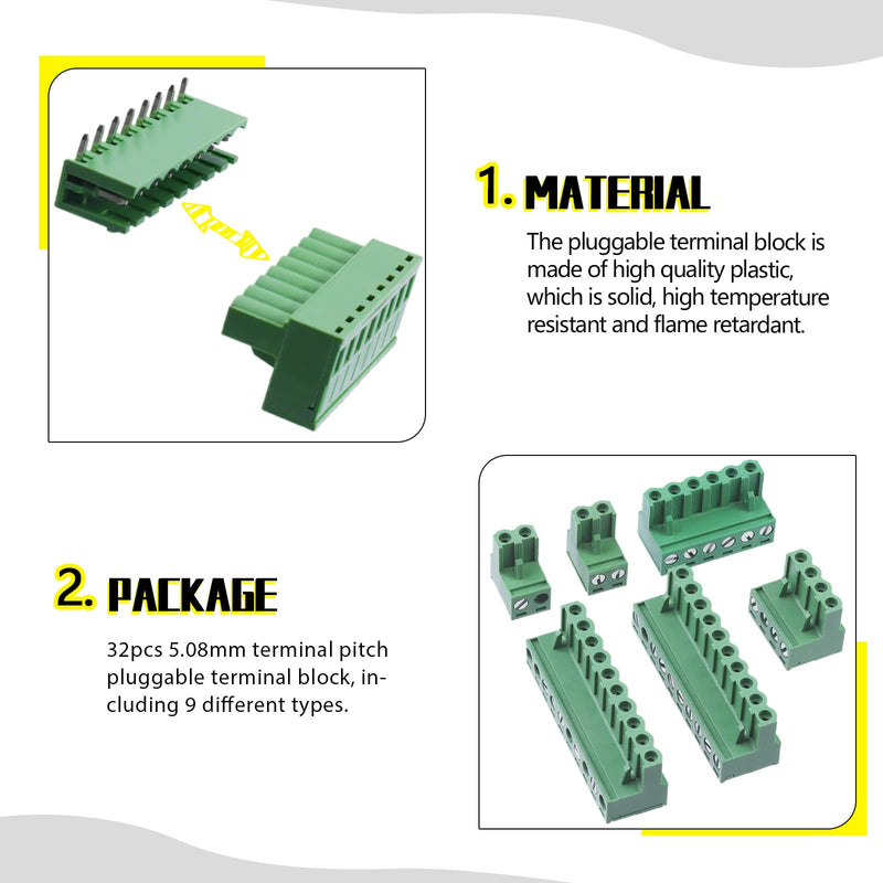Mardatt 32Pcs 9 Type Pluggable Terminal Blocks Connector Socket, 5mm/0.2inch Pitch PCB Mount Screw Male Female Connectors(2/3/4/5/6/7/8/9 Pins) - NewNest Australia