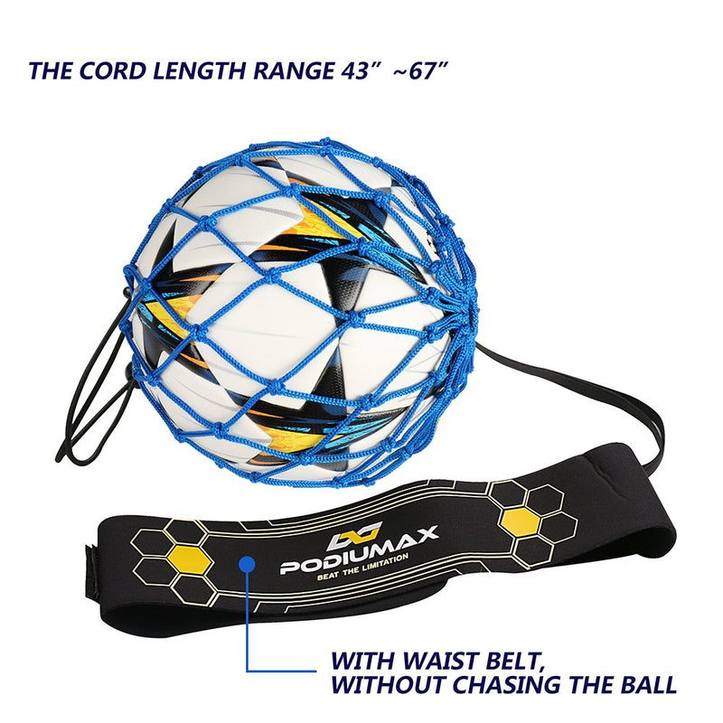 PodiuMax Hands-Free Soccer Kick/Throw Trainer, New Ball Locked Net Design, Adjustable Waist Belt & Cord Suit for All Levels (Fits Ball Size 3, 4, 5) Blue - NewNest Australia