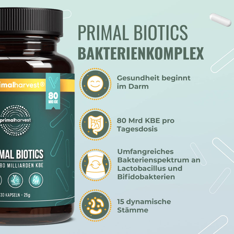 Primal Harvest  Biotics - 30 Capsules - 15 Bacterial Strains - 80 Billion Cfu + Inulin And Live Cultures - Laboratory Tested - Gastric Juice-Resistant Capsules - NewNest Australia