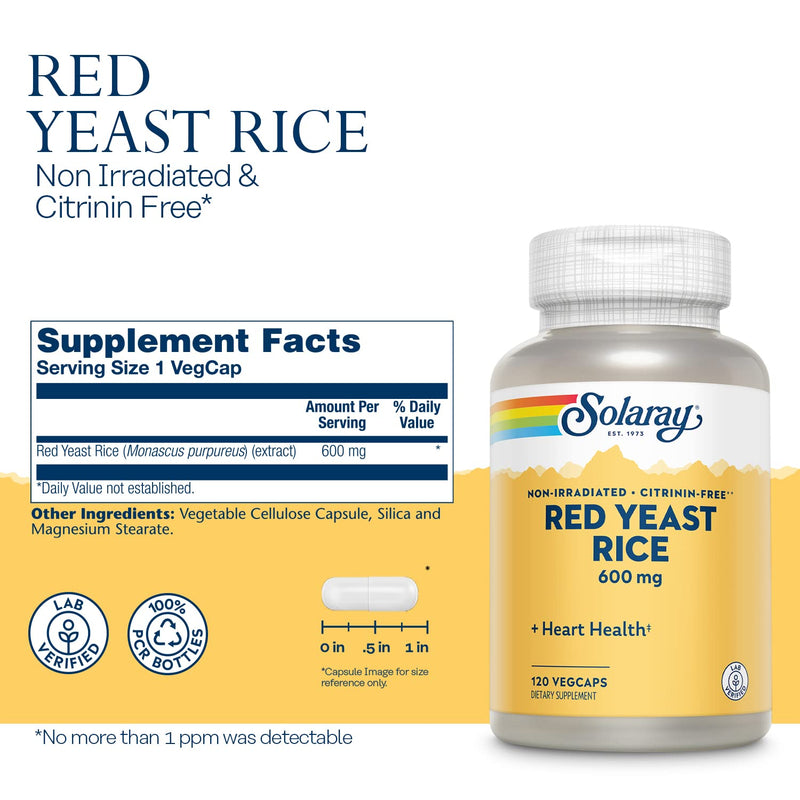 Solaray Red Yeast Rice, Healthy Heart & Cardiovascular Support, Non-Irradiated & Citrinin-Free, 120 Serv, 120 VegCaps - NewNest Australia