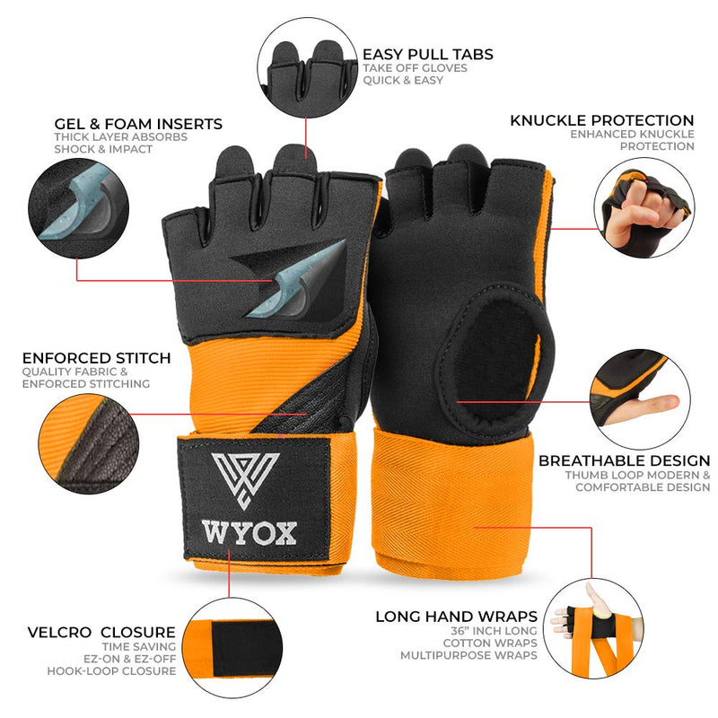 WYOX Boxing Wraps MMA Gloves Inner Boxing Gloves for Men Women Youth - EZ-Off & On - Thick Knuckle Padding - Breathable Fabric Hand Wraps Heavy Bag Gloves Orange Large-X-Large - NewNest Australia