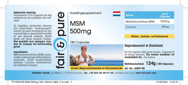 MSM capsules 500mg - methylsulfonylmethane - vegan - 180 MSM capsules - 100% MSM per capsule - pure substance without magnesium stearate - NewNest Australia
