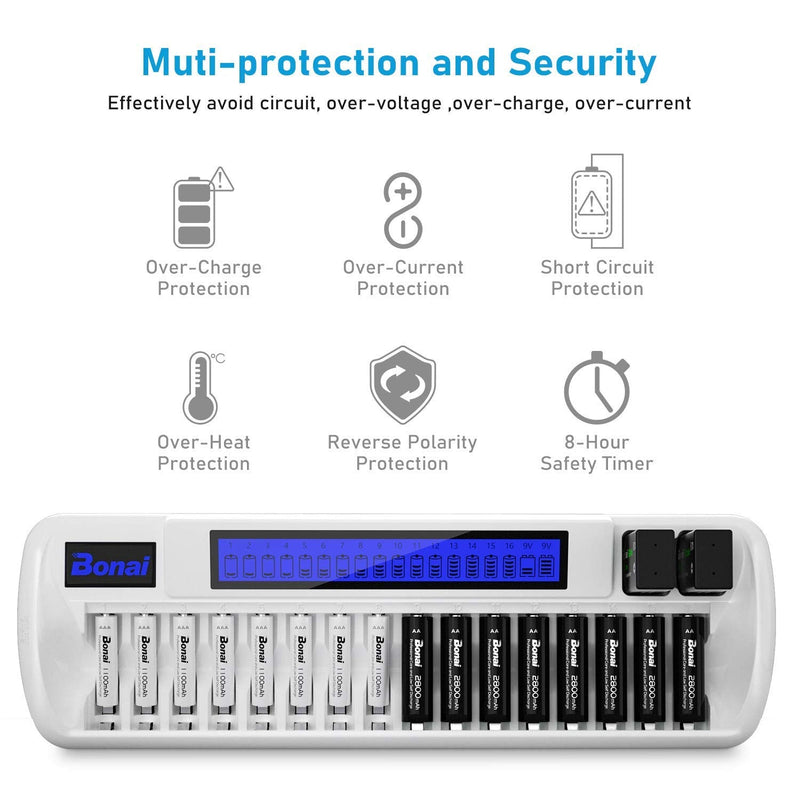 Bonai 16+2 Bay Rechargeable Battery Charger for NiMH AA AAA 9V Batteries (Updated, High Speed Charging) with Smart LCD Display and AC Wall Adapter, Batteries not Included - White - NewNest Australia