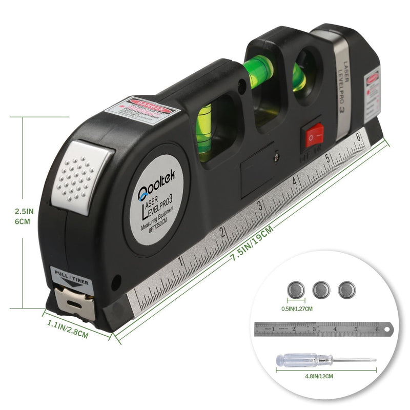 Laser Level, Qooltek Multipurpose Cross Line Laser 8 feet Measure Tape Ruler Adjusted Standard and Metric Rulers for hanging pictures - NewNest Australia