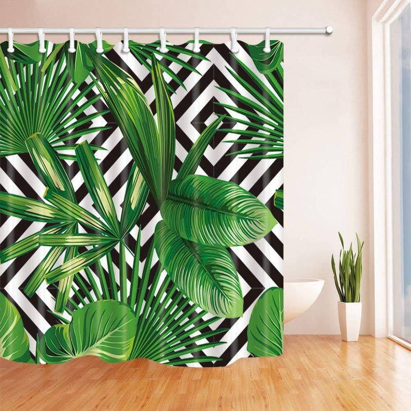 NYMB Jungle Plant Tropical Palm Leaves on The Black White Geometric Background Bath Curtain, Polyester Fabric Waterproof Shower Curtains, 69X70 in, Shower Curtain Hooks Included, Green - NewNest Australia