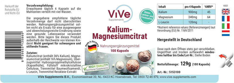 Potassium magnesium citrate - 100 vegan capsules - essential minerals - highly bioavailable - safe dosage | Quality from Germany from ViVe Supplements - NewNest Australia