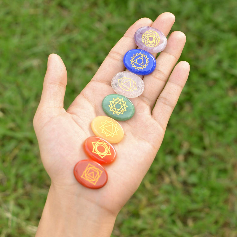 Hivexagon Natural Healing Chakra Stones, Set of 7 Worry Stones with Symbols, Reiki & Energy Healing Crystals for Meditation, Concentration, Spiritual Growth, Stress Relief - NewNest Australia