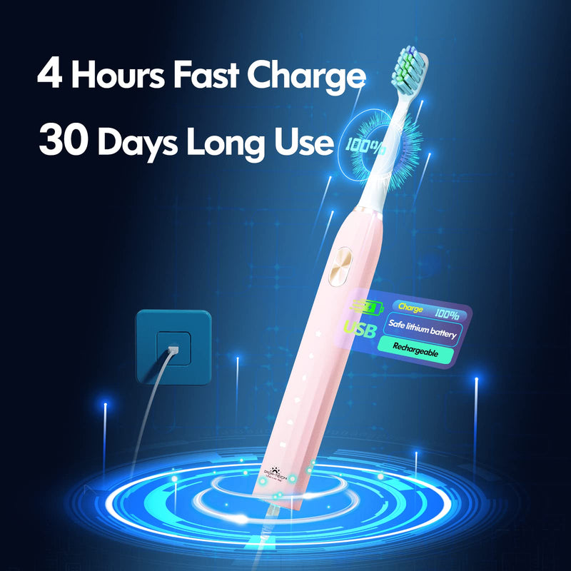 Dada-Tech Electric Toothbrush Adults and Kids, Sonic Electronic Power Rechargeable Tooth Brush with Automatic Interval Timer, Waterproof for Shower, Five Brushing Modes (Pink) Pink - NewNest Australia