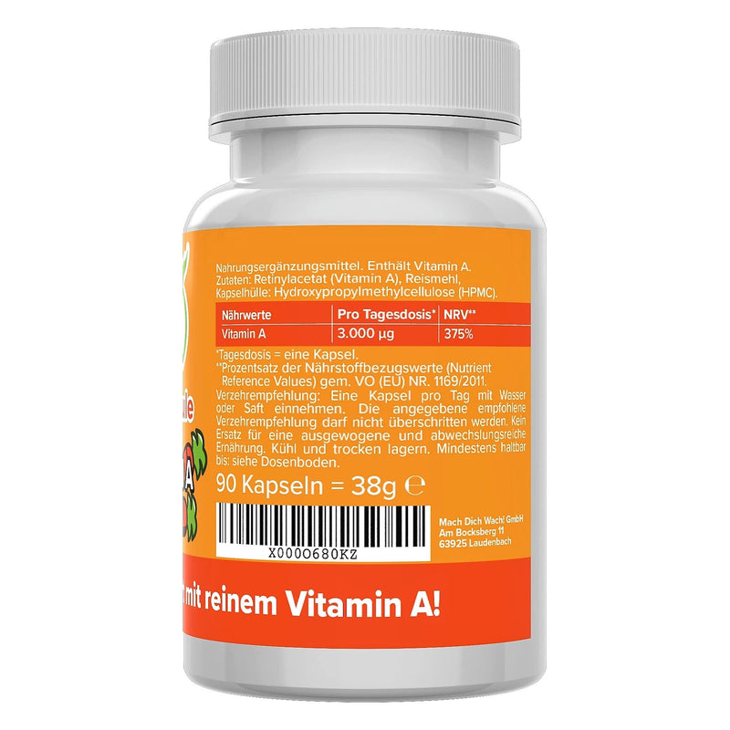 Vitamin A capsules - high dosage with 10,000 IU / 3,000 µg - quality from Germany - vegan - laboratory tested - retinyl acetate/retinol without additives - eye vitamins - for skin and eyes - Vitamineule® - NewNest Australia