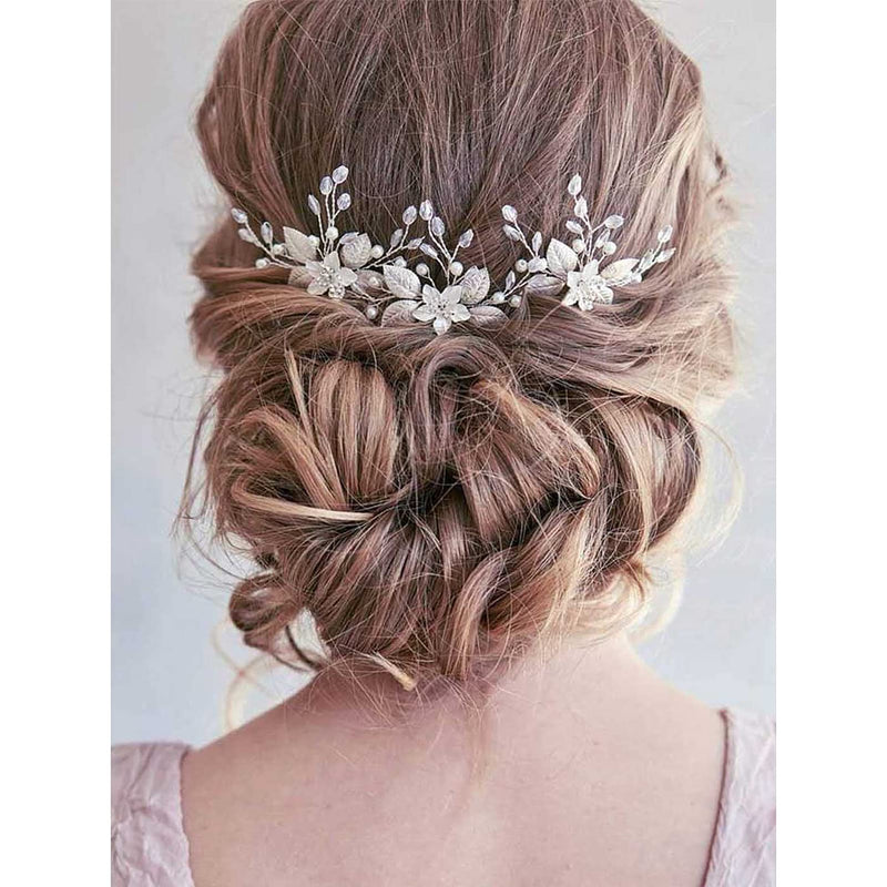 3 PCS Bride Wedding Hair Pins Clips Silver Crystal Leaf Flower Pearls Headpieces Bridal Hair Jewelry Accessories for Women, Girl, Lady, Party Wedding Prom - NewNest Australia