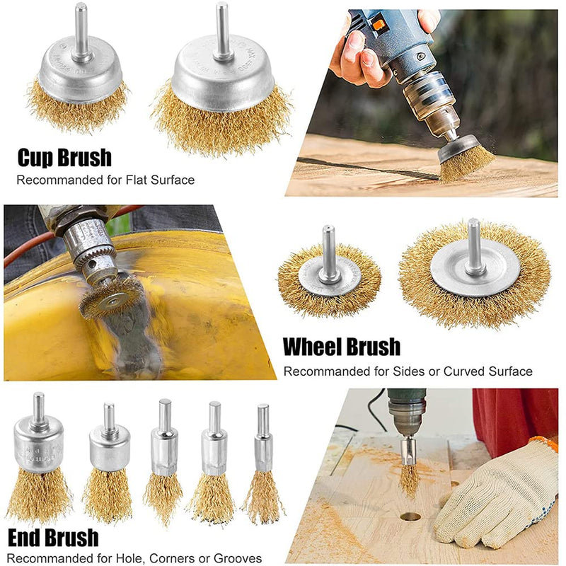 Wire Brush Wheel Steel Cup Brush Set 9 Piece Wire Power Brush for Drill 1/4 Inch Shank Arbor 0.012" Coarse Carbon Crimped Wire Wheel for Cleaning Rust,Stripping,Abrasive and Drill Attachment - NewNest Australia