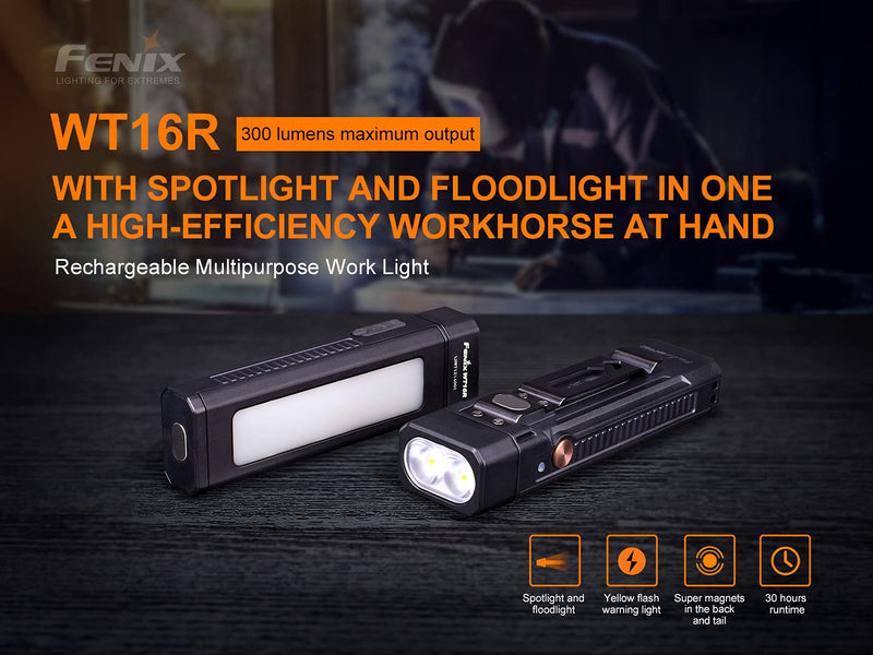 Fenix WT16R 300 Lumen rechargeable magnetic base Handheld flashlight/worklight with battery and EdisonBright charging cable carrying case - NewNest Australia