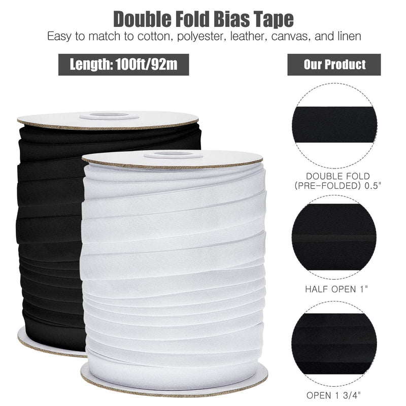 Jetec 2 Rolls Double Fold Bias Tape Bias, 1/2 Inch x 100 Yards Binding Tape DIY Garment Accessories for Sewing, Hemming, Seaming, Piping, Quilting (Black, White) - NewNest Australia
