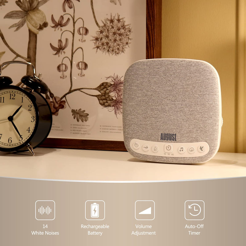 White Noise Sound Machine - August SE160-14 Natural Sounds Relaxing, Soothing, Rain, Bird, Fan, Sleep Aid for Adults - Volume, Timer, Portable 60 Hour Battery USB C - White - NewNest Australia