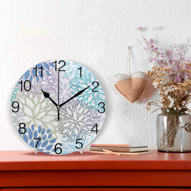 NewNest Australia - White Dahlia Round Wall Clock, Silent Non Ticking Oil Painting Decorative for Home Office School Clock Art, Blue Grey And Purple 