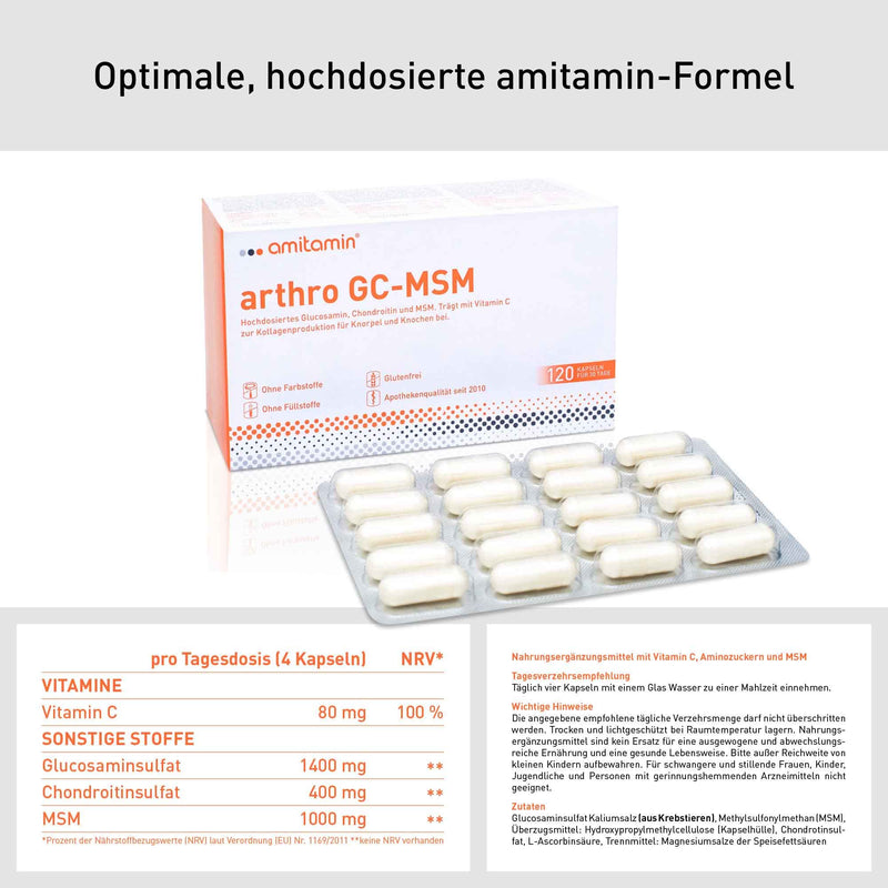 Amitamin Arthro Gc Msm Glucosamine & Chondroitin, German Pharmacy Quality, 120 Capsules, Individually Hygienically Packed, Joint Food Without Dyes, Fillers Or Artificial Sweeteners - NewNest Australia
