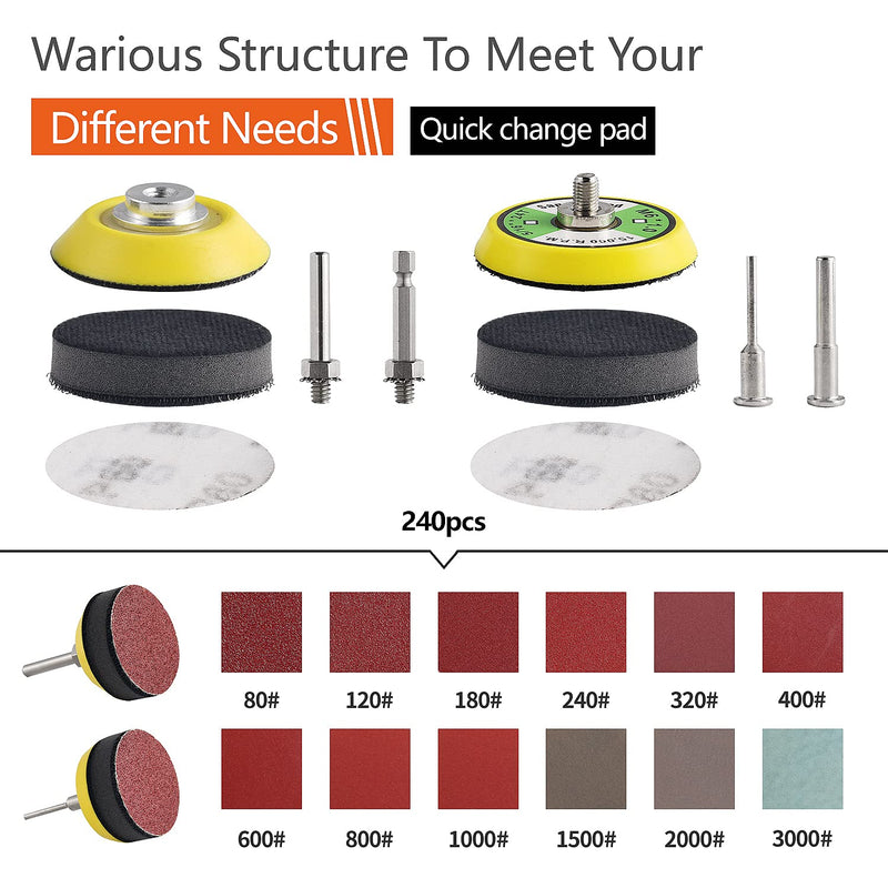 Tshya 240pcs 2inch Sanding Discs Pad Variety Kit for Drill Grinder Rotary Tools Attachment with 2Pcs 1/8"&1/4" Shank Backer Plate, Sanding Pads Includes 80-3000 Grit 2in 244Pack - NewNest Australia