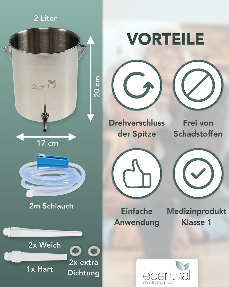Ebenthal Vital 2L Premium Stainless Steel Enema Set For Bowel Cleansing - Enema Irrigator, 2M Hose, Container - For Intestinal Rinses For Therapeutic Fasting & Detoxes - Includes Instructions (English Language Not Guaranteed) - Bpa-Free - NewNest Australia