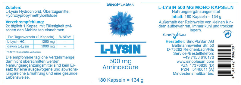 L-Lysine 500 mg amino acid (pure) per capsule || 180 capsules || natural & vegan || SinoPlaSan - NewNest Australia
