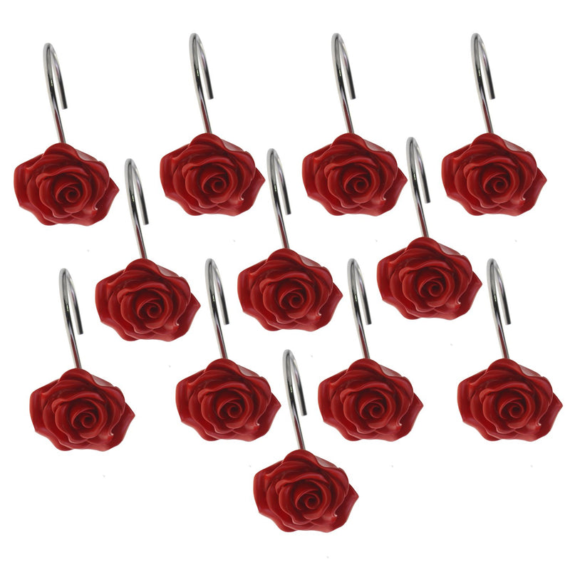 FINROS 12 PCS Home Fashion Decorative Anti Rust Shower Curtain Hooks Rose Design Shower Curtain Rings Hooks (RED) Red - NewNest Australia