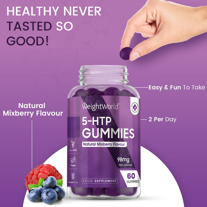 5 HTP Gummies - 98mg Chewable 5 HTP High Strength Sleep Supplement - Pure Griffonia Seed Extract with Lemon Balm - 60 Vegan & Gluten-Free Gummies (1 Month Supply) - Natural Mixberry Flavour - Non-GMO - NewNest Australia