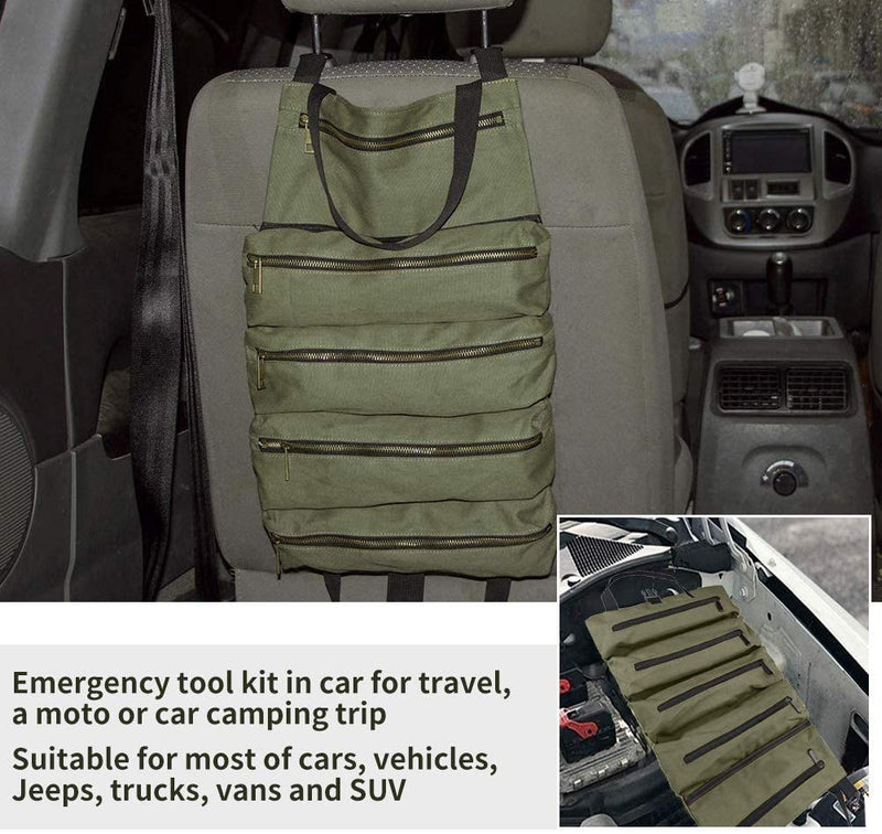 Super Roll Tool Roll,Multi-Purpose Tool Roll Up Bag, Wrench Roll Pouch,Canvas Tool Organizer Bucket,Car First Aid Kit Wrap Roll Storage Case,Hanging Tool Zipper Carrier Tote,Car Camping Gear Army Green - NewNest Australia