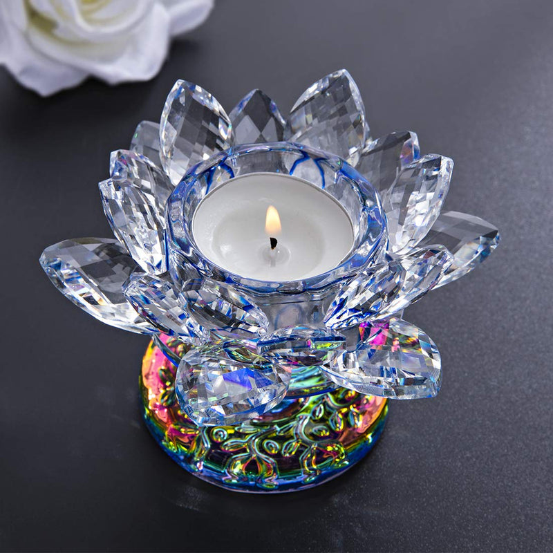 NewNest Australia - H&D HYALINE & DORA Blue Crystal Lotus Flower Candle Holder Crystal Tealight Candle Holder,4.3Inch 4.3in Blue Crystal Lotus Candle Holder 