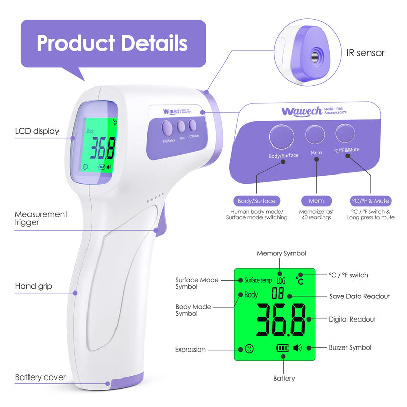 Wawech Digital Fever Thermometer, Contactless Forehead Thermometer For Baby, Children, Adults, Infrared Thermometer With Forehead Object Mode, Fever Thermometer With Lcd Screen, 40 Memory Revocation, - NewNest Australia