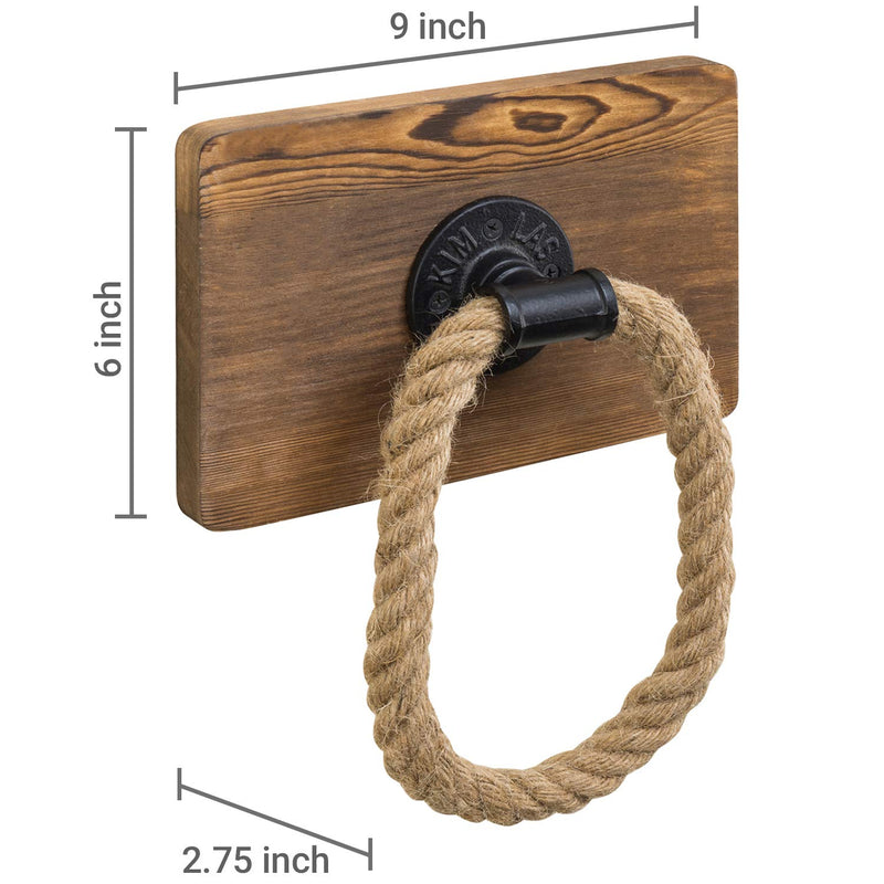 MyGift Dark Brown Rustic Wood & Industrial Pipe Wall Mounted Rope Towel Ring - NewNest Australia