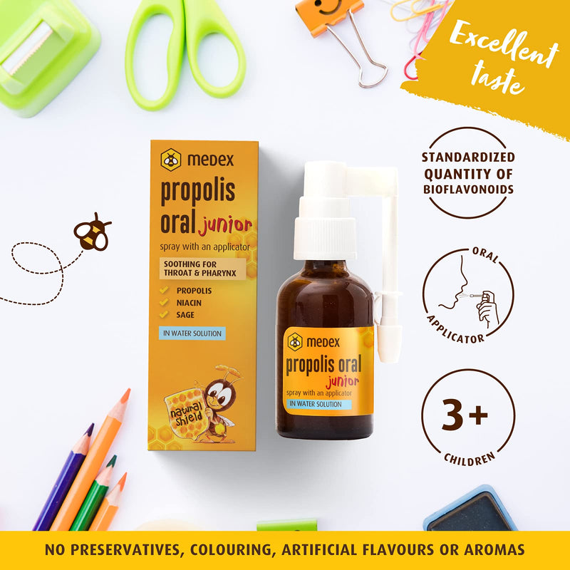 Medex Propolis Oral Junior, Mouth And Throat Spray, Water-Based, Without Alcohol; With Added Honey, Sage, Niacin, Spruce Tips, With Applicator, For Children From 3 Years, 30 Ml - NewNest Australia