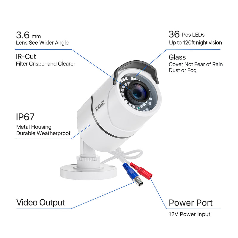 ZOSI 2.0 Megapixel HD 1080P HD-TVI Security Cameras Day Night Waterproof Camera 100ft IR Distance, Aluminum Metal Housing,Only Compatible for HD-TVI Analog DVR White Wired Camera - NewNest Australia