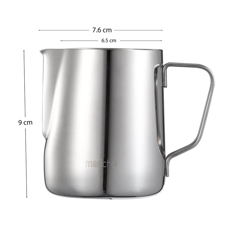 Mari Chef 350ml Stainless Steel Milk Jug. Steaming Pitcher for Latte, Coffee Art, Cappuccino. Perfect for Barista & Coffee Machine. Heat Proof & Dishwasher Friendly. Kitchen Measuring Jugs - NewNest Australia