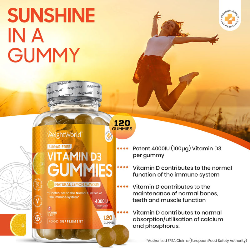 Vitamin D Gummies Adults 4000IU - Sugar Free - 4 Month Supply - Natural Lemon Flavour - 120 Chewable Vitamin D3 Gummies - Vegetarian Friendly - High Strength Vitamin D Supplement - GMO & Gluten Free - NewNest Australia