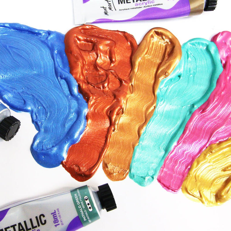 Mont Marte Metallic Acrylic Paint Set 8 Piece x 18 ml Tubes, Lightfast Colors with Smooth Consistency and Opaque Metallic Finish. 8 mixed colors 0.6 Fl Oz (Pack of 8) - NewNest Australia
