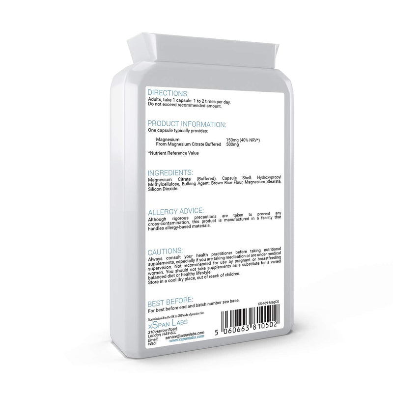 Magnesium Citrate 500mg 120 Capsules - Providing 150mg of Active Elemental Magnesium - High Potency - Easily Absorbable - Highly Bioavailable - UK Manufactured - NewNest Australia