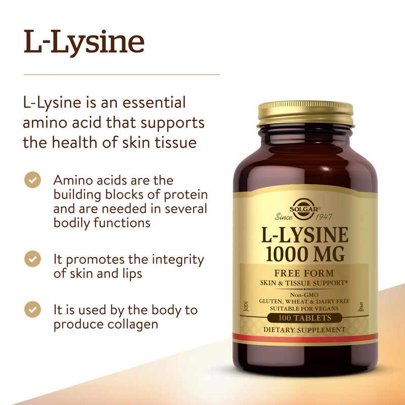 Solgar L-Lysine 1000 mg, 100 Tablets - Enhanced Absorption and Assimilation - Promotes Integrity of Skin and Lips - Collagen Support - Amino Acids - Non GMO, Vegan, Gluten Free - 100 Servings 100 Count (Pack of 1) - NewNest Australia